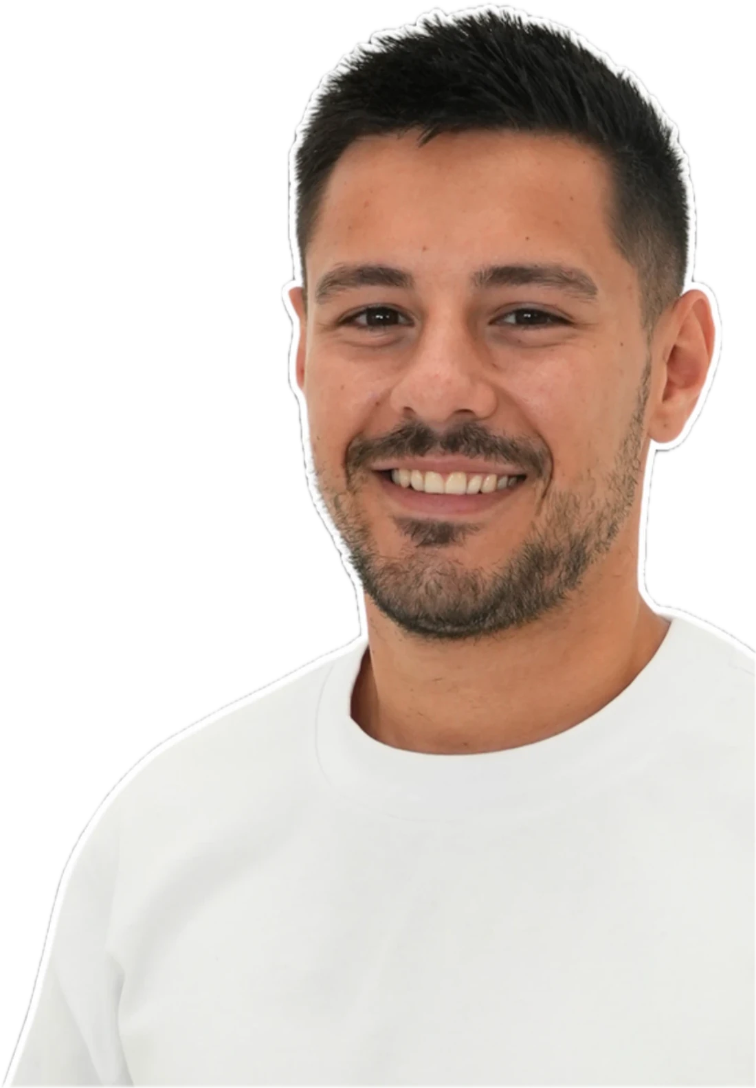 Dylan Modino smiling, in a white t-shirt